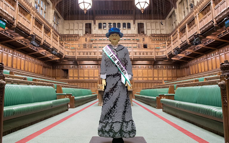 An image of a lifesize Lego woman in the House of Commons 