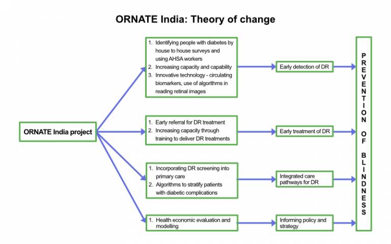 ORNATE India theory of change organigram, showing project process for prevention of blindness