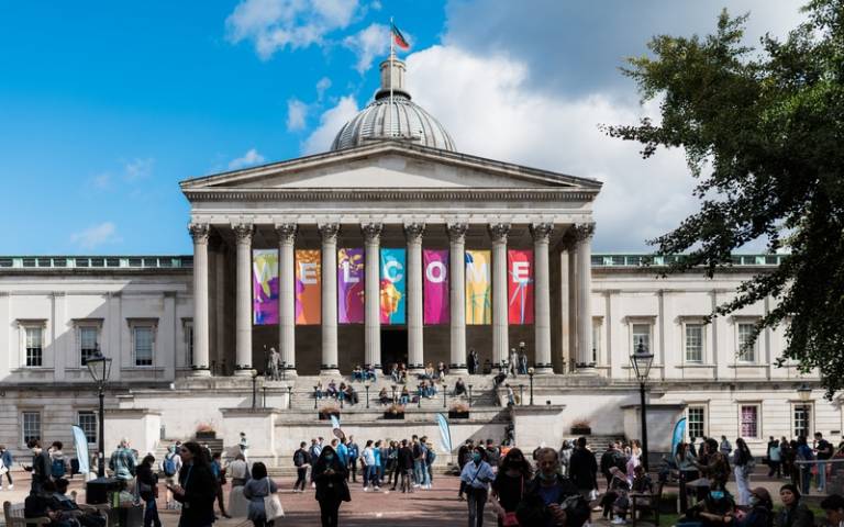 UCL Quad with Welcome flags