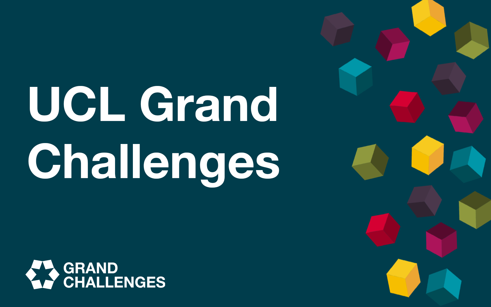 UCL Grand Challenges text with falling colourful squares 