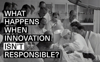 Image of doctors crowding around a patient during surgery.  The text reads "What happens when innovation isn't responsible?".