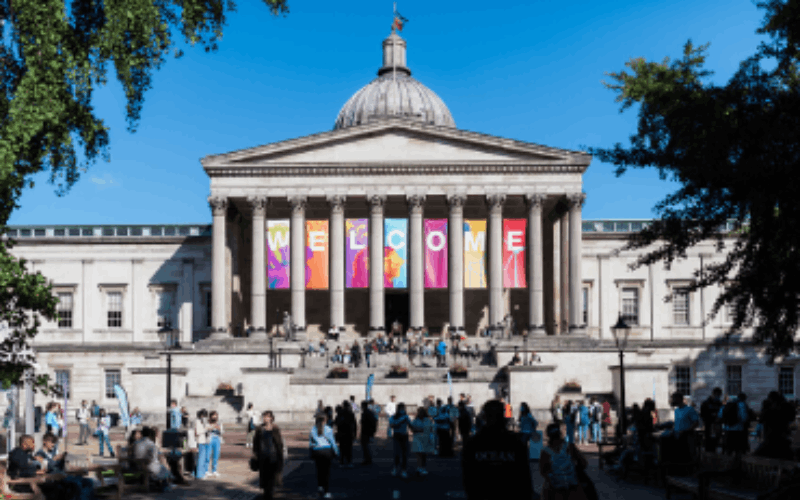 UCL Portico with banners spelling Welcome
