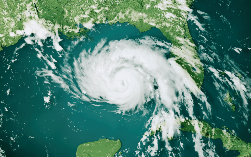 Satellite view of a hurricane over land