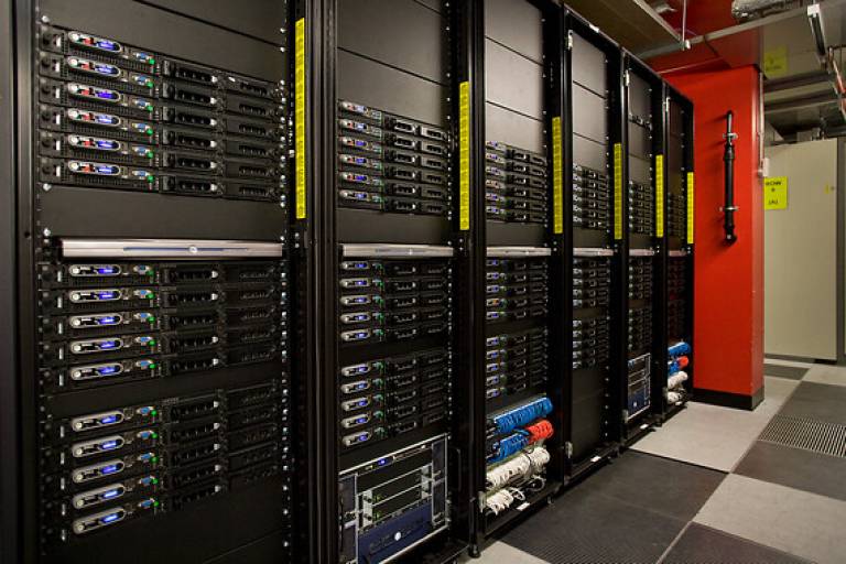 A close-up view of rack-mounted servers in a data centre