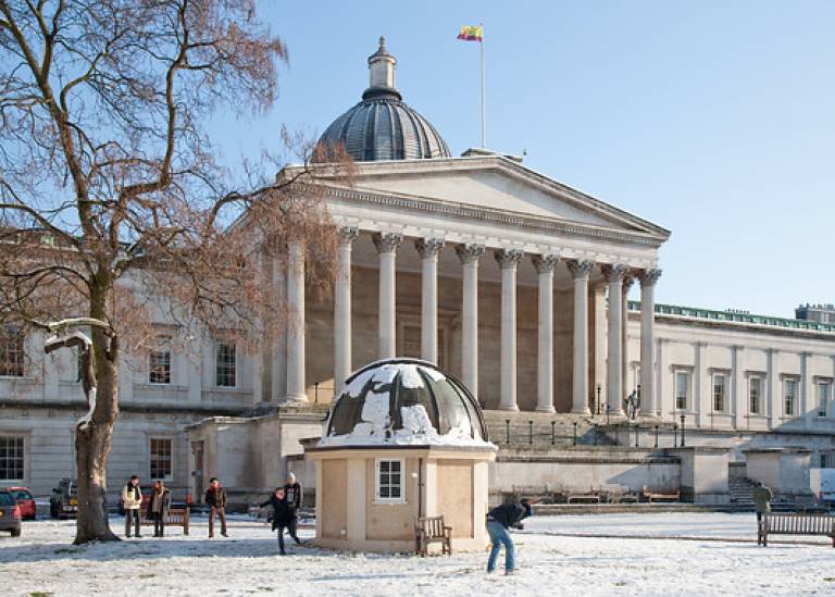 Snow on UCL Front Quad and Portico