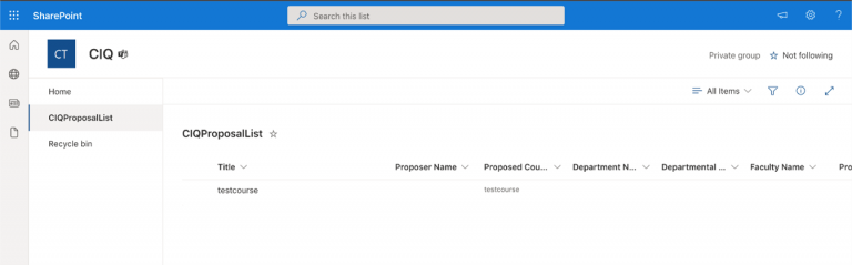 Screenshot outlining the CIQ proposal list Sharepoint space with a table and titled columns