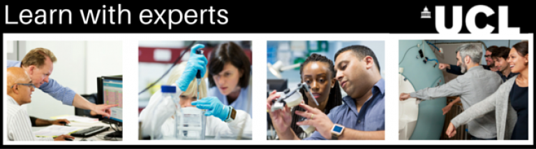 Banner image of 4 photos of engineers and scientists doing work or engaging in research, with title 'Learn with experts'