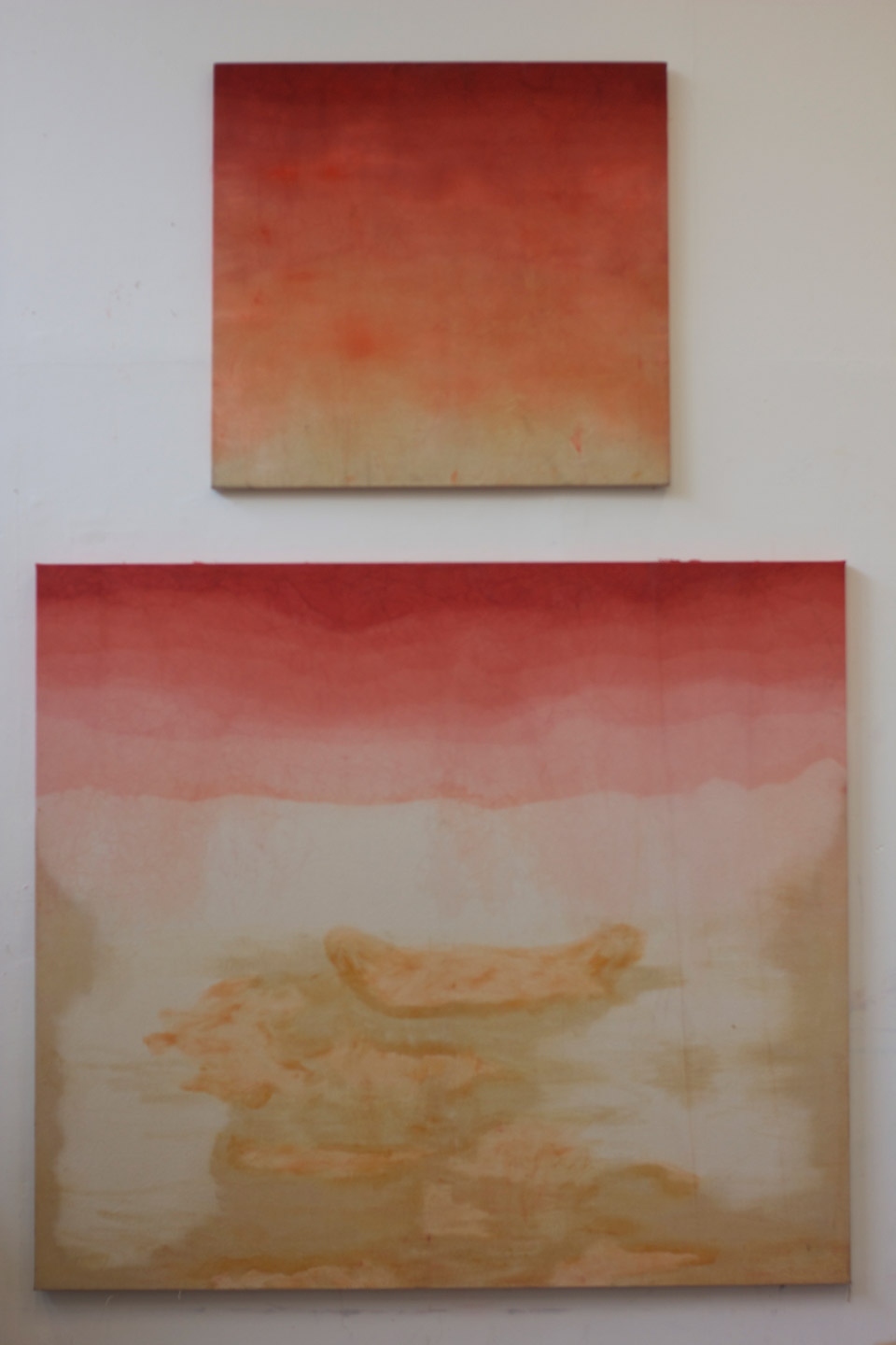 Sweaty paintings 2, 2013, dyed cotton canvas, oil pastel, linseed oil, beeswax, 170  x 150, 80  x 60 cm