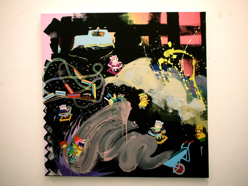 <p>Babies, 2012, acrylic, chocolate chips and plastic spoon on canvas, 127 x 127 cm</p>