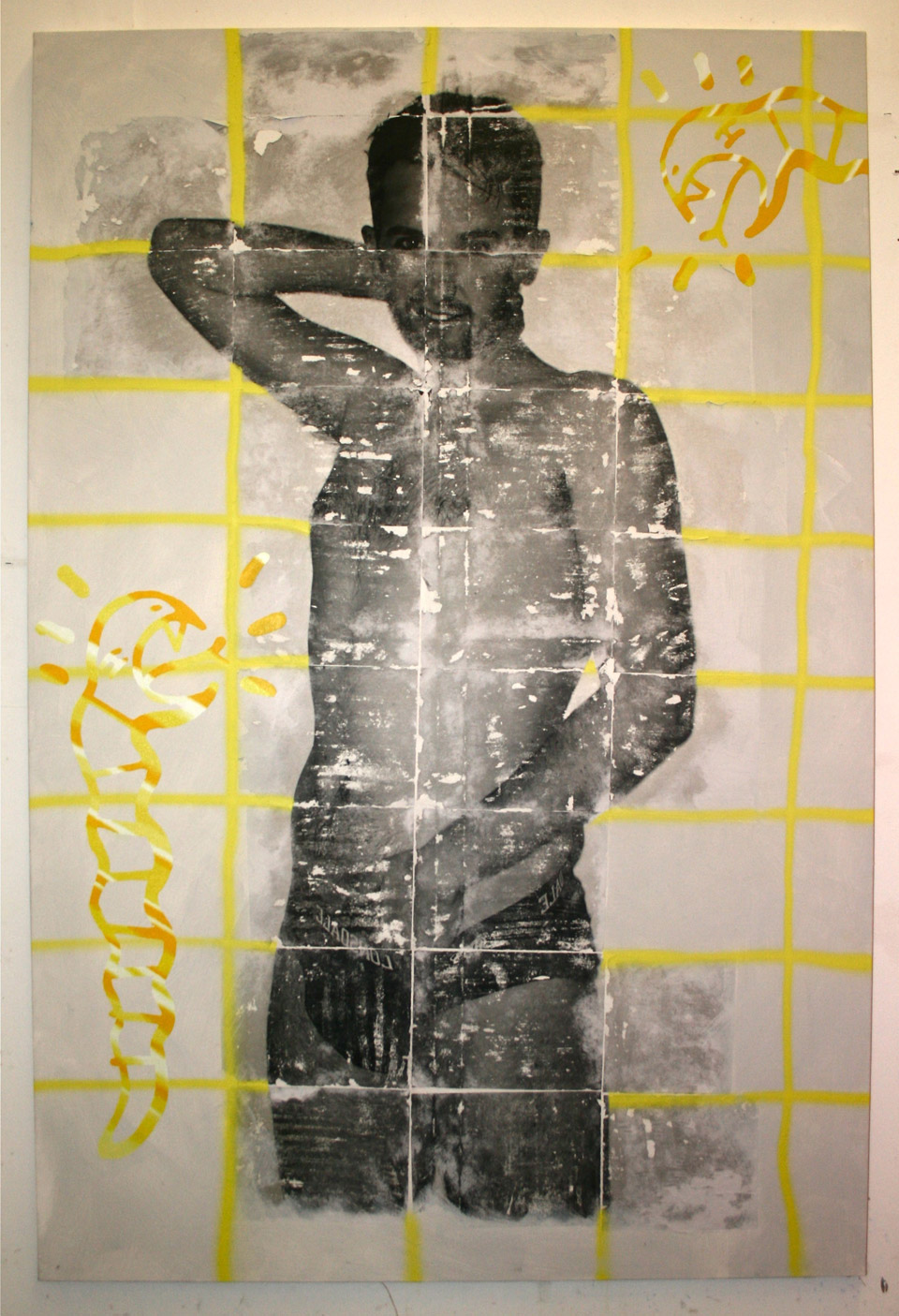 <p>Self portrait in shower, 2013, mixed media on canvas, 120 x 180 cm</p>
