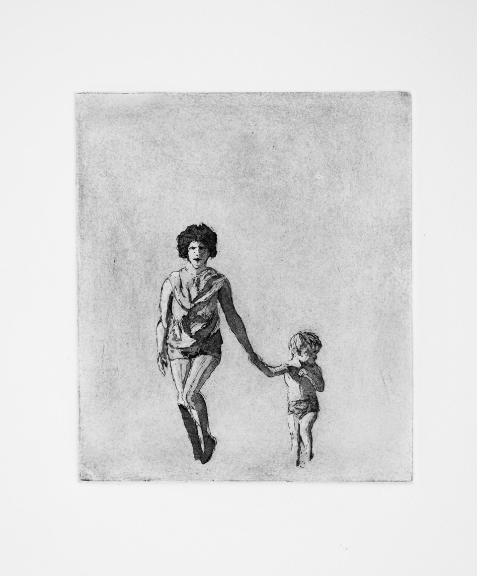 A woman and young boy walking through a small formal garden,  2012, etching and aquatint, 33 x 43 cm