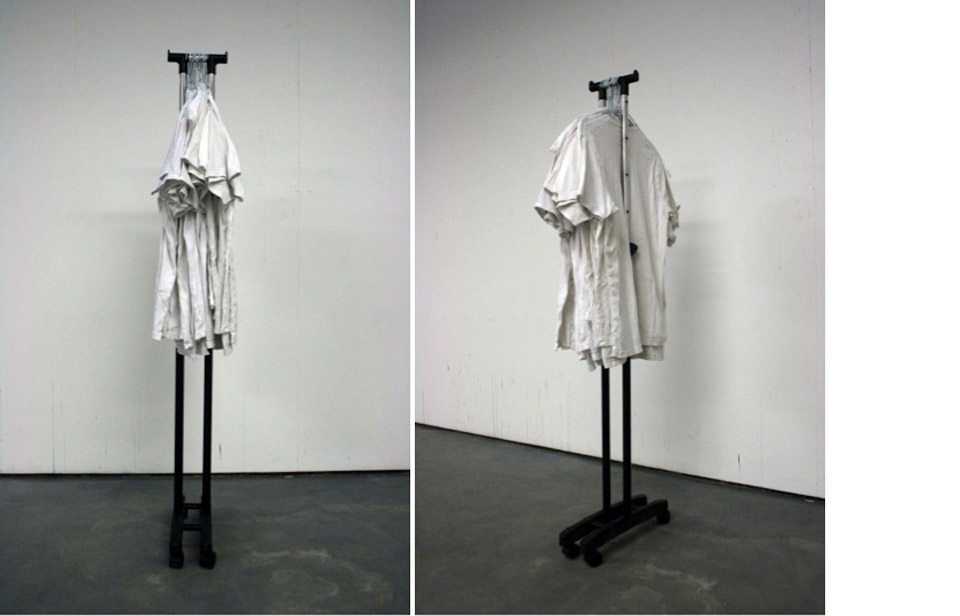 <p>19 t-shirts, 2012, fabric, aluminum, plastic, 120 x 60 x 12 cm</p>
