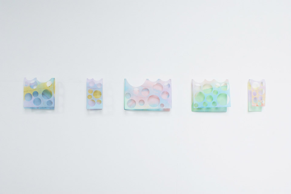 Untitled, 2012, watercolour on Japanese paper hung on a fish wire, paper sizes: various, total dimensions: 15 x 200 x 5 cm