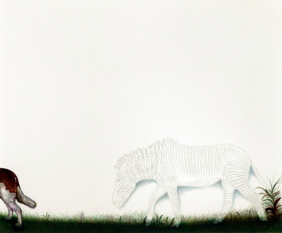 <p>Follow The Follower, 2011, needle piercing, gouache and watercolour on wasli, 18.5 x 22.5 cm</p>