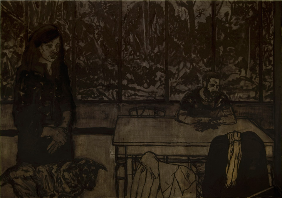 <p>Couple and Dog, 2013, oil and charcoal on canvas, 140 x 200 cm</p>
