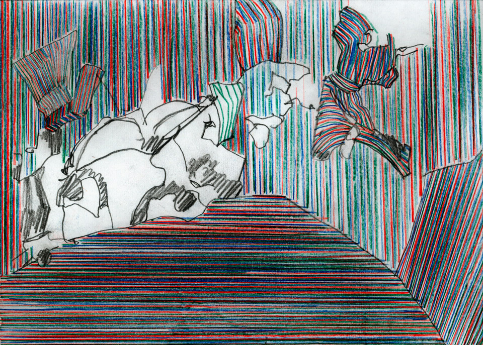 <p>Tumbling, 2013, coloured pencil on paper, 20 x 30 cm</p>