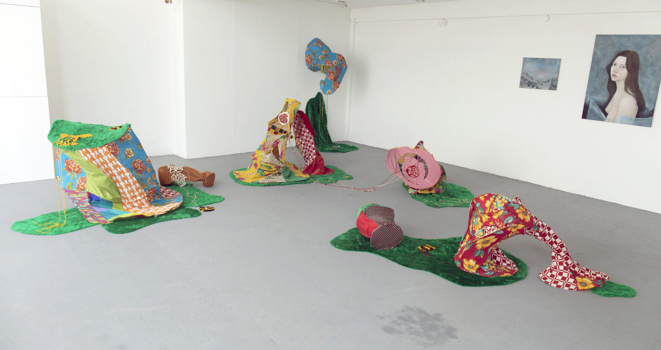 Installation photo, sculpture by Malu Ferreira and paintings by Erna Mist, Slade BA/BFA Degree Show 2023