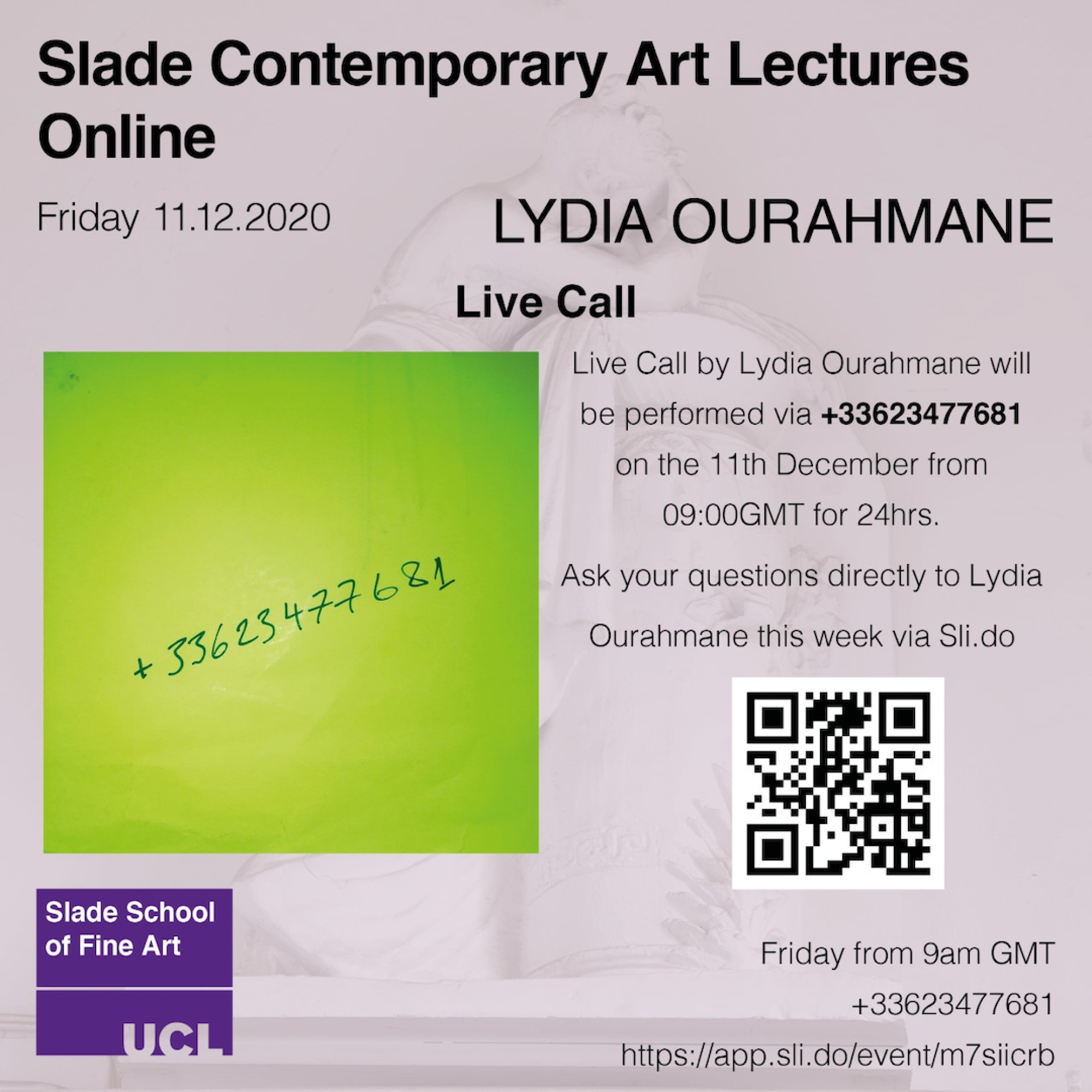 Contemporary Art Lecture poster, Live Call, Lydia Ourahmane