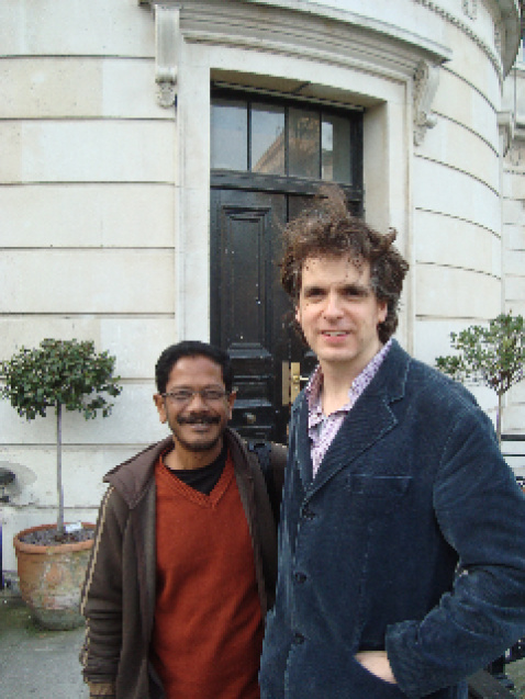 Shishir Bhattacharjee (left) and Dryden Goodwin (right) outside the entrance to the Slade School of Fine Art.