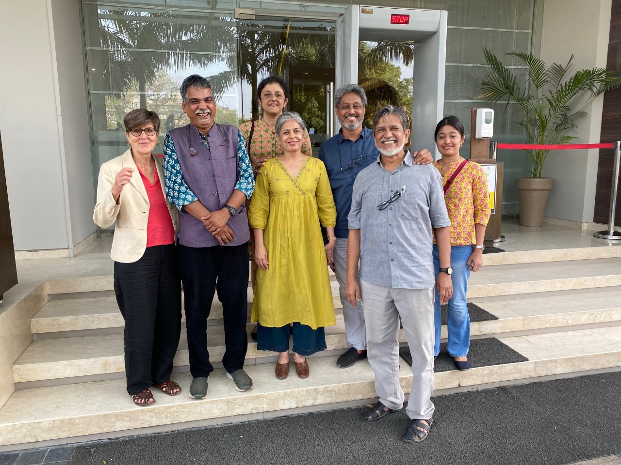 Baroda University lecture, Liz Rideal (far left) next to the Dean, Jayaram Poduval and staff