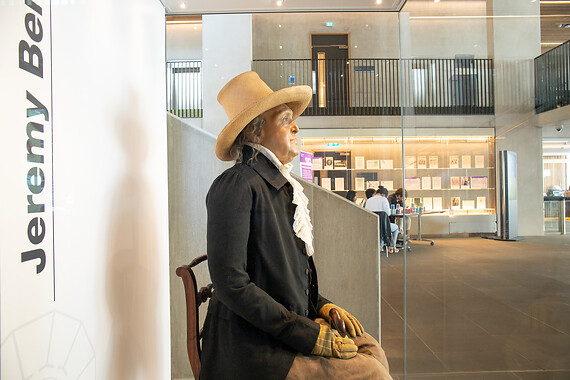 Jeremy Bentham in his new home in the UCL Student Centre.