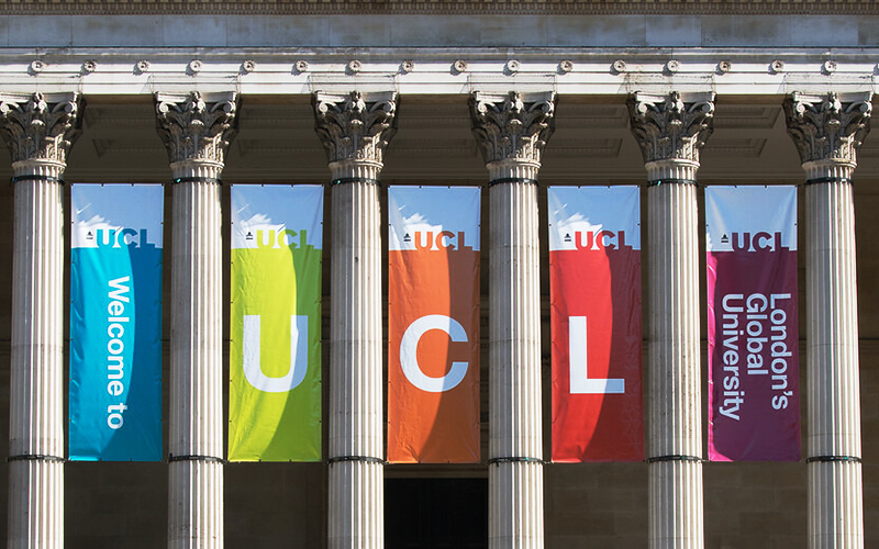 UCL Portico, with welcome banner