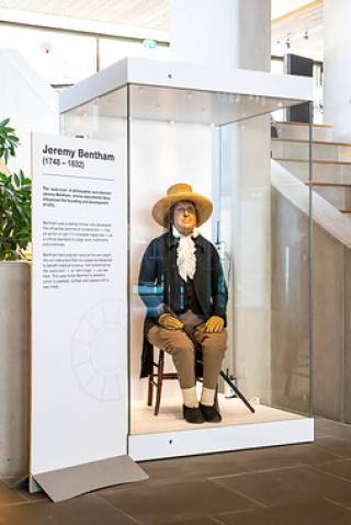 Jeremy Bentham in his new home in the UCL Student Centre.