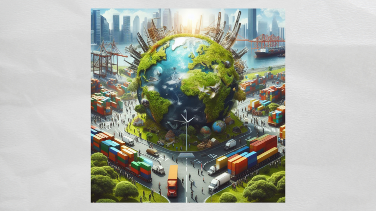 Illustration of the globe surrounded by traffic, with skyscrapers in the background