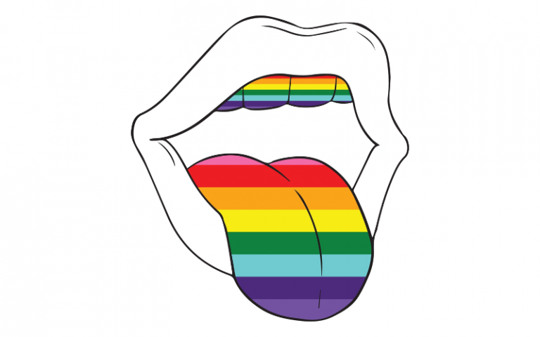 An illustration of a mouth and tongue with LGBT colours