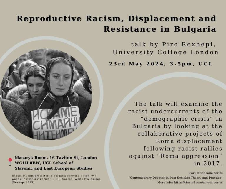 Event poster for 'Reproductive Racism, Displacement and Resistance in Bulgaria'