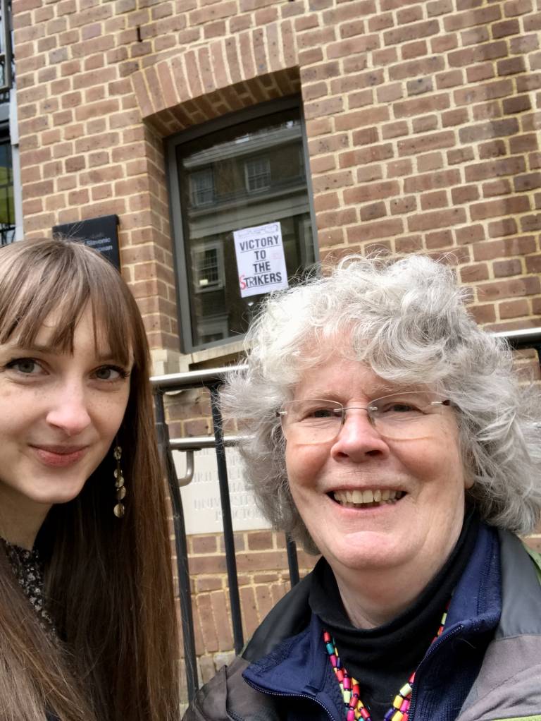 Meeting of Prof Wendy Bracewell and research Martyna Miernecka outside the SSEES building, Taviton Street