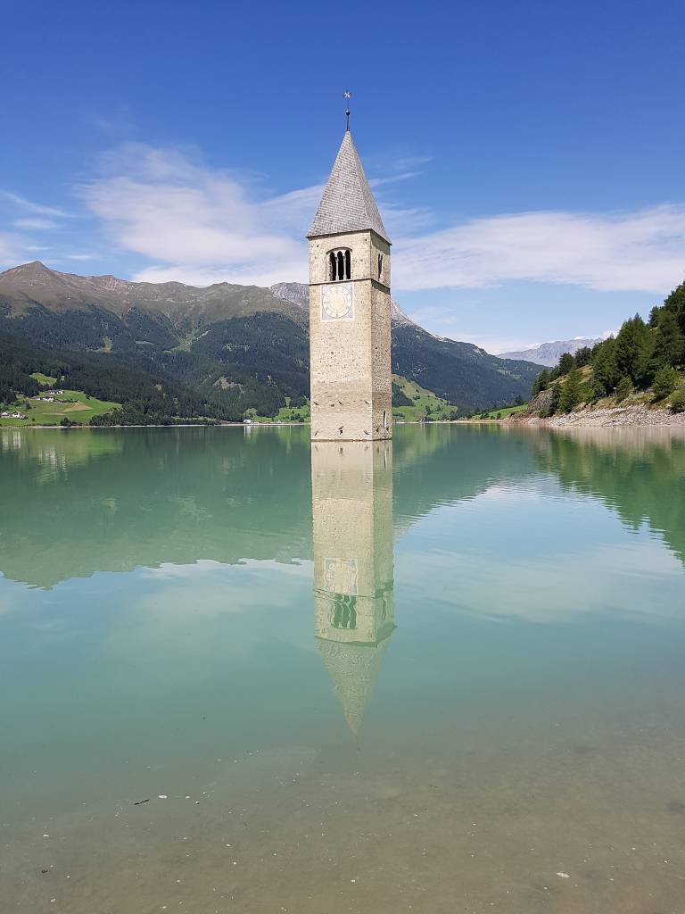 Bell tower of St Catherine's church in Lake Reschen
