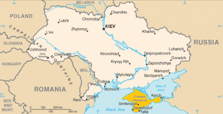 Map of Ukraine with the disputed territory of Crimea