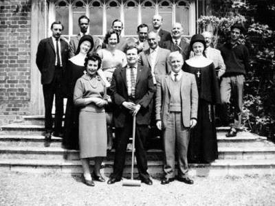 28 May 1961, Cumberland Lodge, Windsor Great Park. Mr S Zinny, with croquet mallet, with other members of the SSEES weekend seminar.…