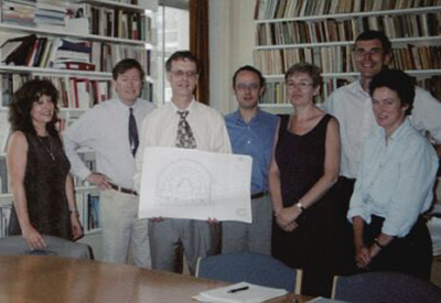 The 'signing off' ceremony for the new building for SSEES, 2003: Maria Widdowson, Lesley Pitman, Professor Julian Graffy and Angela Clemo with architects Alan Short and Adam Whiteley and Neil Turvey (Turner and Townsend).…