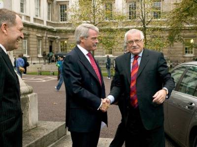 Professor George Kolankiewicz and Professor Malcolm Grant greeting HE Václav Klaus at the 2005 opening of the new SSEES building…