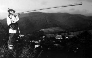 Hutsul highlander playing the trembita in the Verkhovyna district, pre-1939