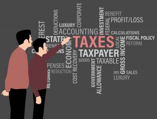 An illustration of people pointing at various signs related to tax