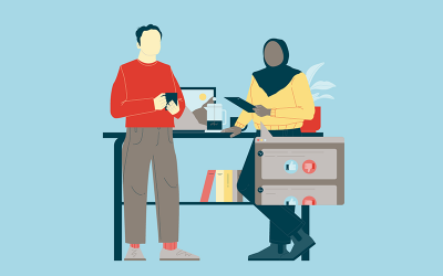 Graphic of two people and a desk