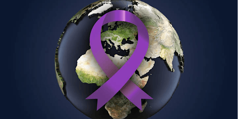 Image of the earth with cancer awareness purple ribbon above it. 