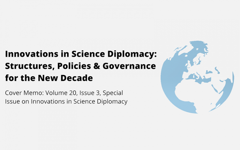 Image card saying Innovations in Science Diplomacy with a globe