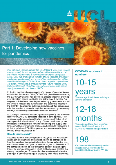 Front page of policy brief for Developing new vaccines for pandemics