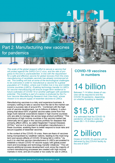 Front page of policy brief for Manufacturing new vaccines for pandemics 