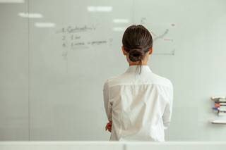Back of woman, against a whiteboard