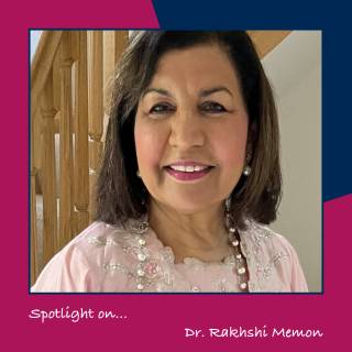 Headshot of Dr Rakhshi Memon with pink and blue border