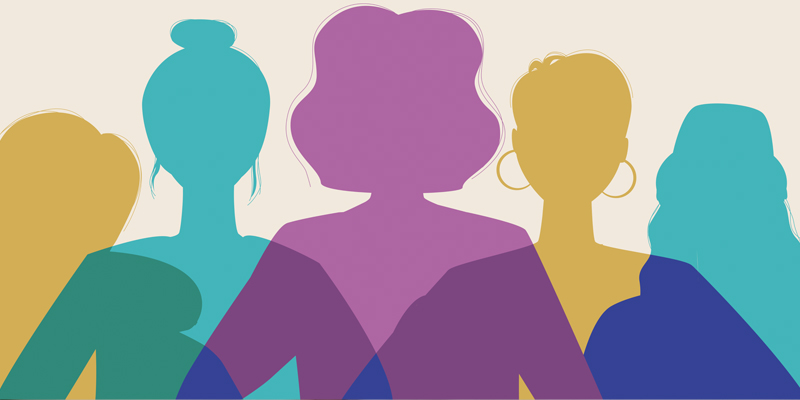 Five silhouettes of women in different colours