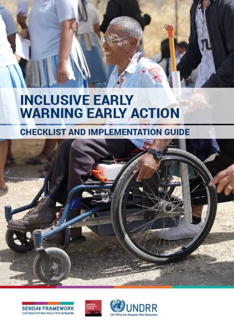 UNDRR Inclusive Early Warning Early Action Guide artwork, including a person in a wheelchair who is smiling