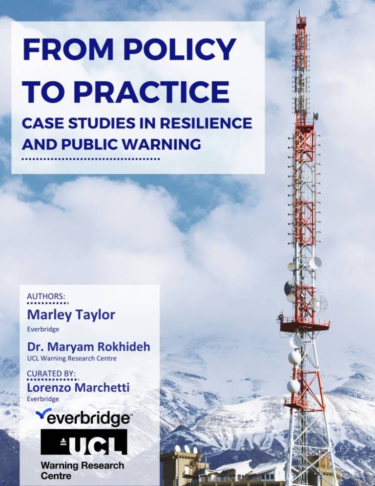 A photograph of a radio tower amongst mountains, with text overlaid that reads 'From Policy to Practice: Case Studies in Resilience and Warning'.