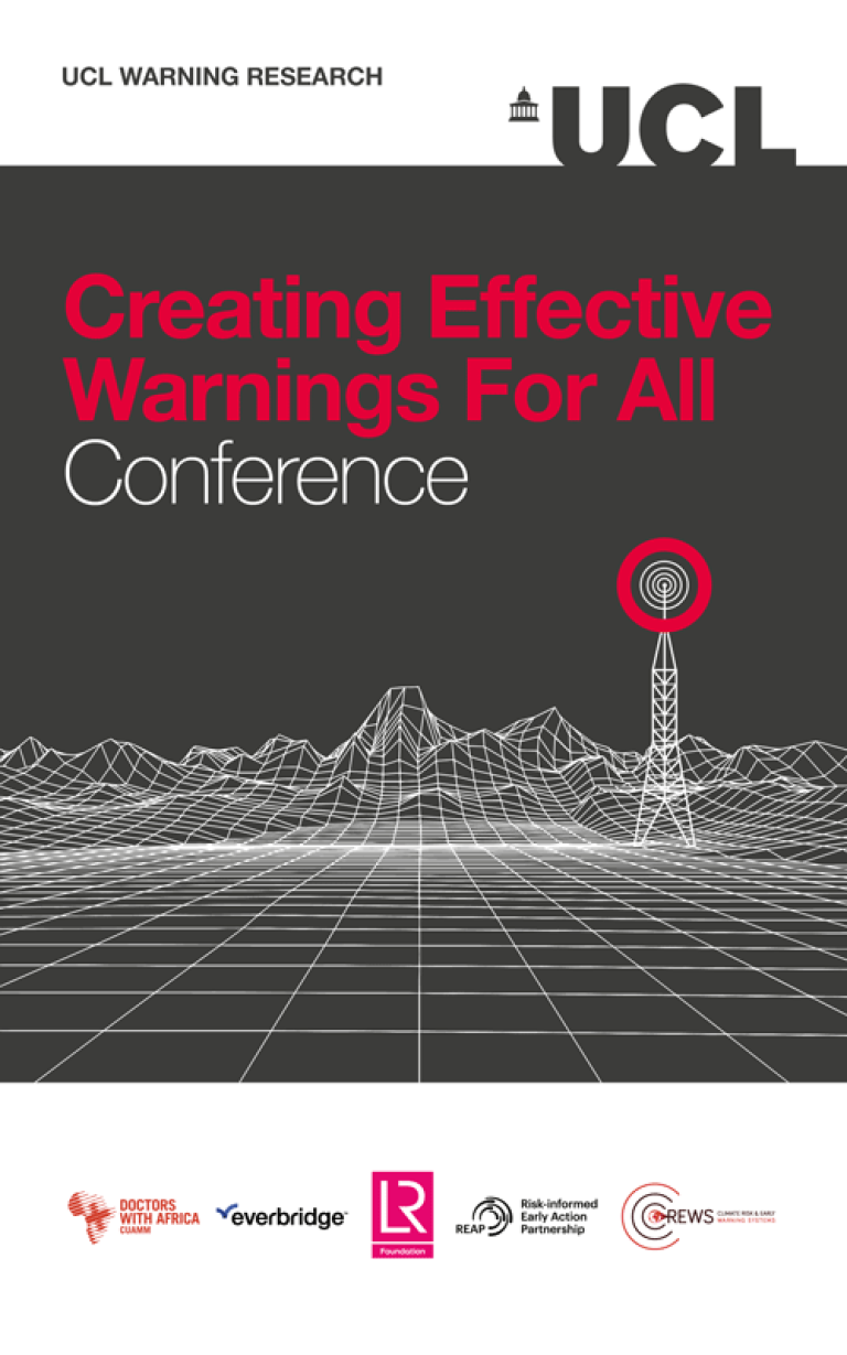 Graphic with 'Creating Effective Warnings for All Conference' text in red, overlaid on a grey background with white vector artwork depicting a landscape and radio tower