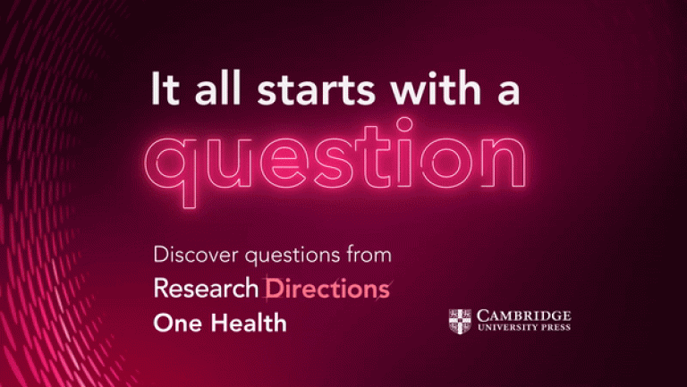 One Health graphic with a red background and white and pink text in the foreground reading 'It all starts with a question'.